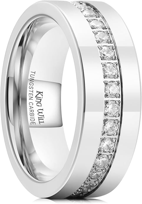 King Will Mens Tungsten Wedding Band with Cubic Zircon Inlay 7mm/8mm Flat Cut Comfort Fit Engagement Rings