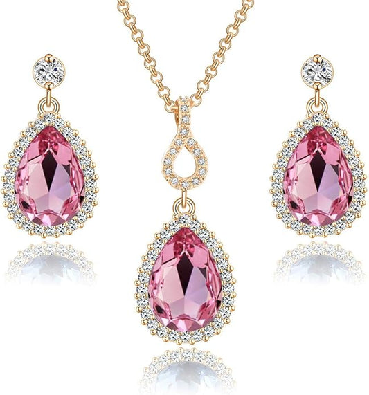 Austrian Crystals Teardrop Pendant Necklace Earrings for Women 14K Gold Plated Hypoallergenic Jewelry Set