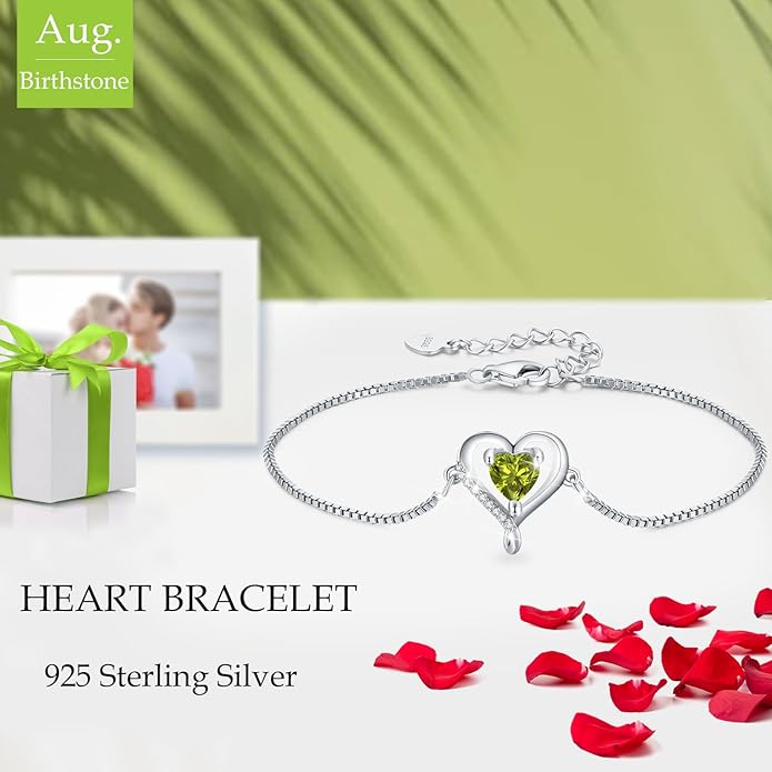 LAVUMO Love Heart Bracelets for Women 925 Silver Charm Birthstone Bracelet Adjustable Anniversary Birthday Jewelry Gifts for Women Girlfriend Wife Daughter Mom Her