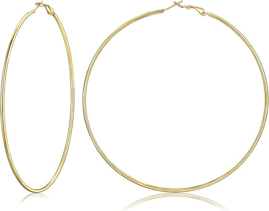 FOCALOOK 14K Gold Plated Lightweight Large Hoops| 2mm Thin Hoop Earrings for Women 30/40/50/70/100mm