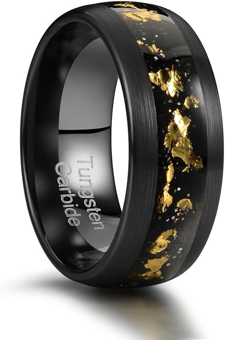 Men's 8mm Black/Gold Tungsten Carbide Wedding Ring Nebula Galaxy Wedding Promise Gold Foil Inlay Real Meteorite Matte Bevel Comfort Fit