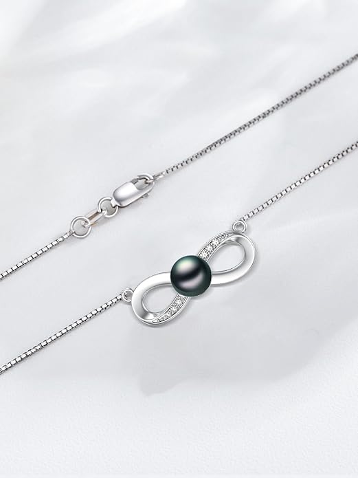 Tahitian Black Pearl Necklace Infinity Gifts for Women Wife Wedding Birthday Anniversary Jewelry Valentines Christmas Day Gifts 925 Sterling Silver