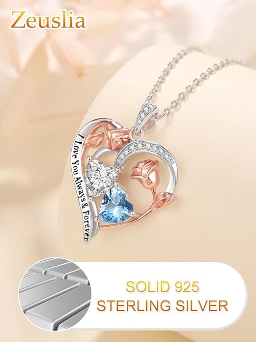 Zeuslia Double Birthstone Necklace Gifts for Wife - 925 Sterling Silver Sunflower/Rose/Crown Cross/Compass/Heart Pendant I Love You Necklace, Anniversary Birthday Gifts for Wife Girlfriend Mom Her