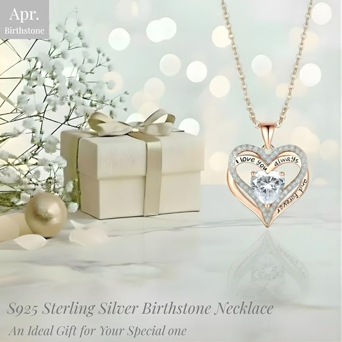 Birthstone Heart Necklace for Women Wife Girlfriend Mom Daughter Gifts S925 Silver Jewelry For Anniversary Rose Gold Gifts For Birthday Christmas Mothers Valentines Day