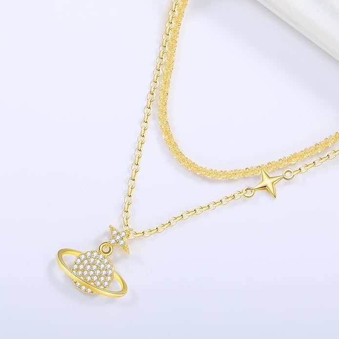 Copper Alloy 14K Gold Plated | 14K Platinum Plated Necklace for Women Double Layer Pendant Necklace Fashionable Multi-Layer Jewelry
