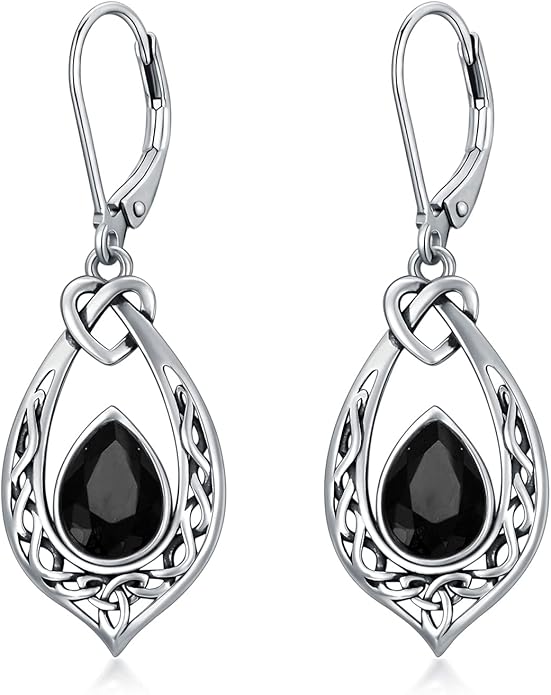 Celtic Knot Dangle Earrings 925 Sterling Silver Oxidized Vintage Drop Leverback Earrings with 8 * 6mm Simulated Birthstone Crystal Christmas Jewelry Gifts for Women (Gift Box)
