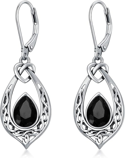 Celtic Knot Dangle Earrings 925 Sterling Silver Oxidized Vintage Drop Leverback Earrings with 8 * 6mm Simulated Birthstone Crystal Christmas Jewelry Gifts for Women (Gift Box)