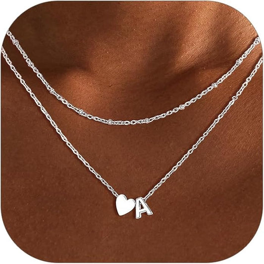FOCALOOK Layered Initial Necklace for Women, 14K Gold Plated Choker Necklaces Stacks with Initial A-Z, Dainty Silver Heart Pendant Necklace Personalized Birthday Women Jewelry