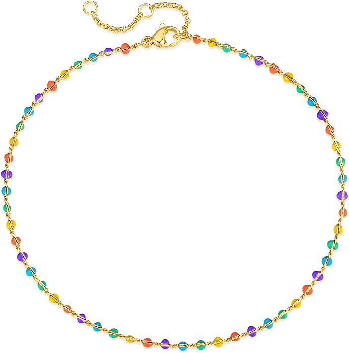 MTMY Gold Anklets for Women 14K Gold Plated Tiny Bead Anklet Colorful Tassel Foot Chain Dainty Adjustable Cute Summer Beach Boho Anklets Jewelry Gift
