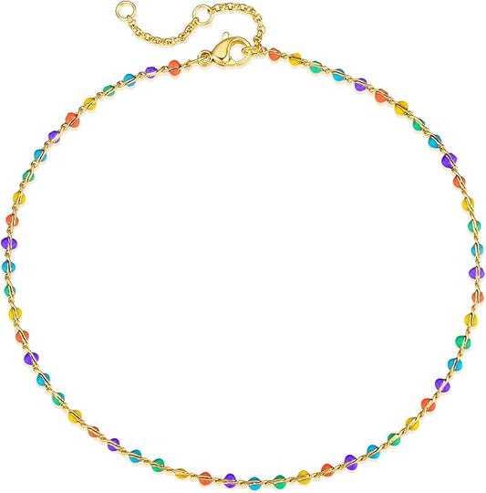 MTMY Gold Anklets for Women 14K Gold Plated Tiny Bead Anklet Colorful Tassel Foot Chain Dainty Adjustable Cute Summer Beach Boho Anklets Jewelry Gift