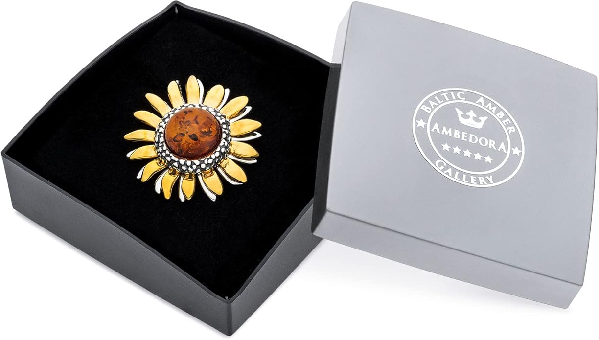 AMBEDORA Women’s Brooch, Polished Sterling Silver, Oxidised and Gilded, Round Baltic Amber in Cognac Colour, Sunflower Brooch with Pendant Function