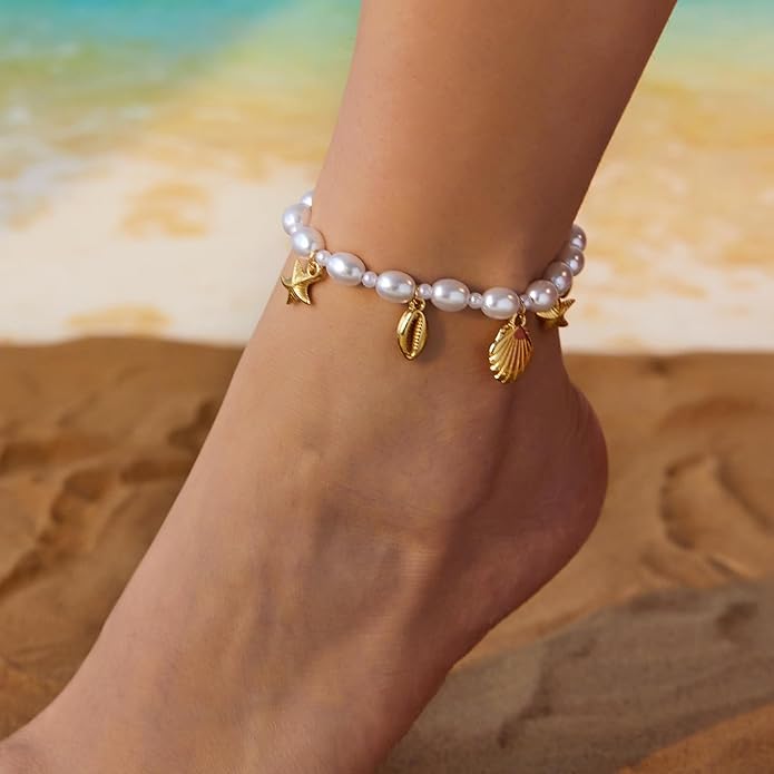 Shell Ankle Bracelet Set for Women, Gold Plated Boho Bead Adjustable Anklet, Hawaiian Beach Seashell Pearl Heart Starfish Conch Foot Jewelry Gifts
