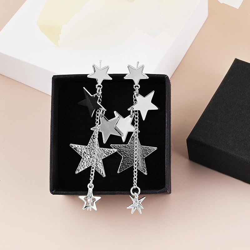Silver Sparkly Star Drop Earrings Long Tassel Stud Earrings for Women Star Jewelry