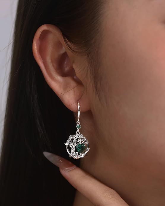FANCIME Tree of Life Dangle Drop Earrings 925 Sterling Silver Dainty Round Gemstone Birthstone Earring Fine Jewelry Birthday Christmas Gifts for Her Women