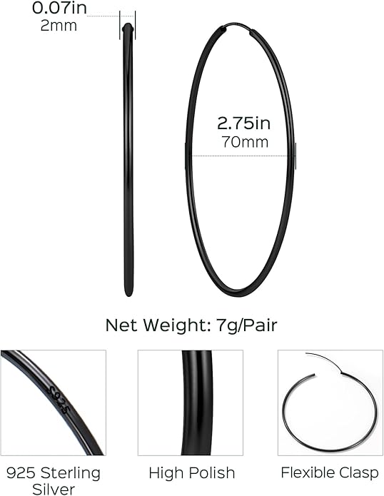 ChicSilver Hypoallergenic 925 Sterling Silver Hoop Earrings for Women, Lightweight Large Gold Plated Hoop Earrings, Endless Hoops Earring 20/30/40/50/60/70MM