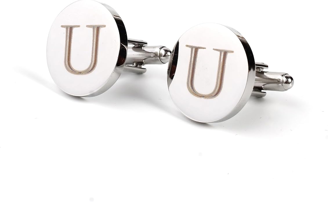 Mens Initial Silver Cufflinks A-Z Alphabet Letter Steel Cuff Links with Engraved Walnut Wood Box Groom Groomsman Wedding Set…