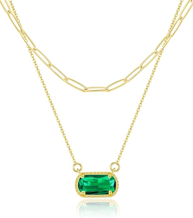 Lourny Gemstone Birthstone Pendant Layered Necklace for Women Trendy, 18K Gold Plated Paperclip Chain Preppy Choker Charm Necklace for Women Wife Jewelry