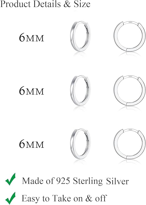 3 Pairs 925 Sterling Silver Hoop Earrings 14K White Gold Plated Small Silver Hoops Cartilage Huggie Earrings for Women Men