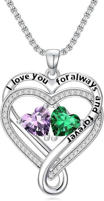 I Love You for Awlays and Forever Double Heart Necklace with Birthstone, 2 Birth Stone Jewelry Anniversary Valentines Mothers Day Christmas Birthday Gifts for Women Her Wife Girlfriend Mom Mother