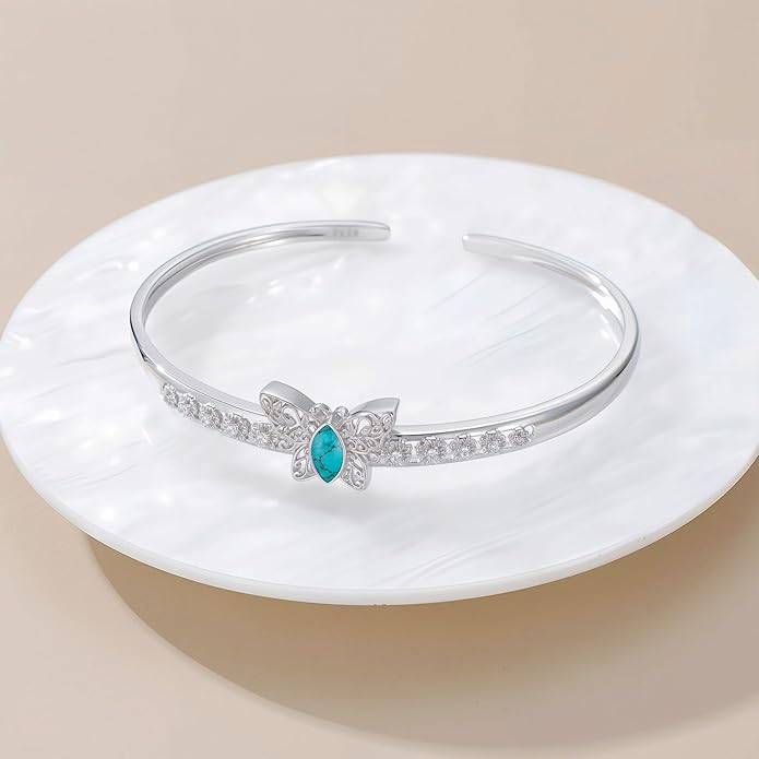 Butterfly Filigree Cuff Bracelet with CZ, 925 Sterling Silver Adjustable Natural Gemstone Bangle, Vintage Boho Jewelry Gift for Her