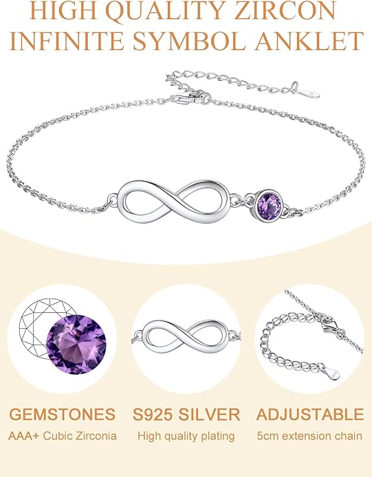 Custom4U Personalized Infinity Ankle Bracelets for Women 925 Sterling Silver Anklet Bracelet Endless Love Symbol Birthstone Charm Adjustable Foot Chain Jewelry Mothers Day Gifts for Mom Wife Women Her