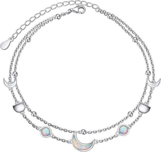 FLYOW Anklet for Women S925 Sterling Silver Adjustable Foot Beaded Heart Charm Ankle Bracelet Anklets Jewelry