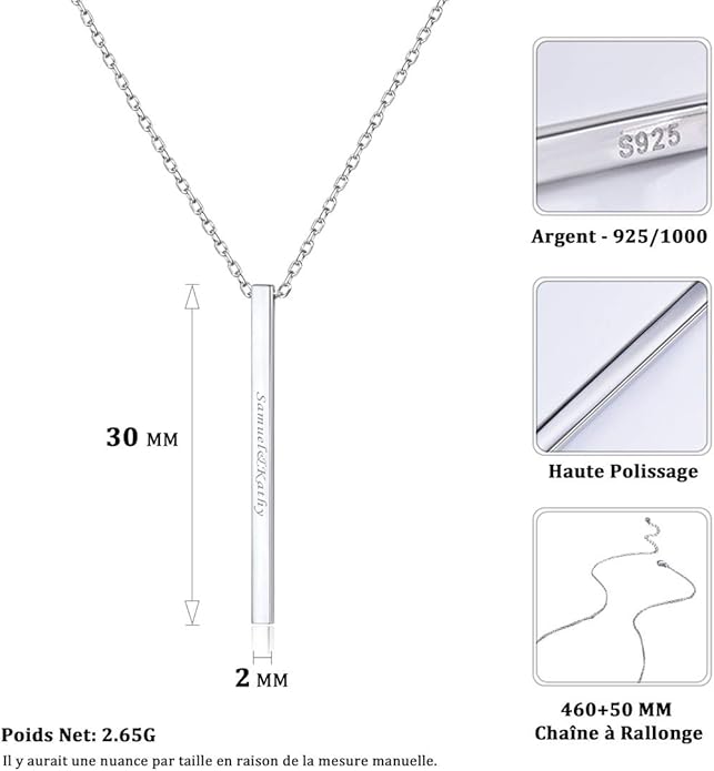 ChicSilver Customizable Vertical Bar Pendant Necklace 925 Sterling Silver Y Necklace Simple Fashion Jewelry Gifts for Women