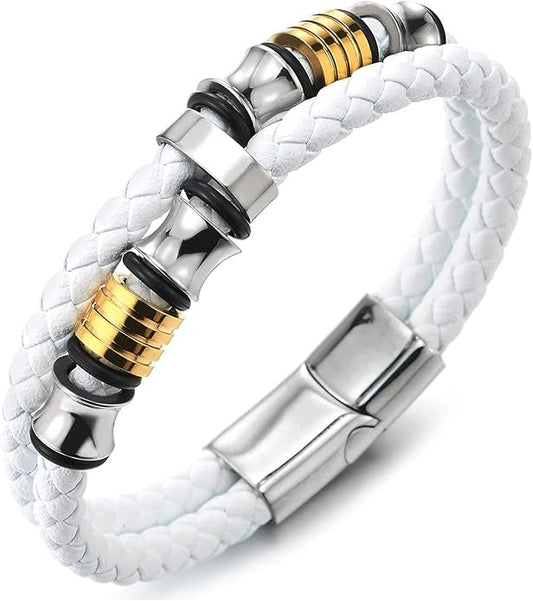 COOLSTEELANDBEYOND Mens Double-Row Braided Leather Bracelet Bangle Wristband with Stainless Steel Ornaments