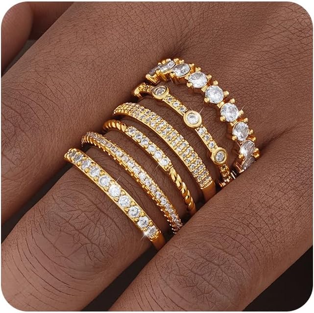 FAXHION Gold Rings for Women Non Tarnish, 14k Gold Plated Stacking Cubic Zirconia Thumb Ring Set, Dainty Gold Knuckle Women Rings Set Size 5 6 7 8 9 10