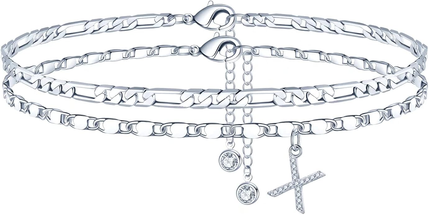 Ursteel Ankle Bracelets for Women, 14K-Gold-Plated Dainty Layered Chain CZ Initial Anklets Set Summer Jewelry Gifts for Women