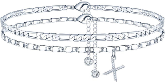 Ursteel Ankle Bracelets for Women, 14K-Gold-Plated Dainty Layered Chain CZ Initial Anklets Set Summer Jewelry Gifts for Women