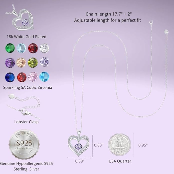Birthstone Heart Necklace for Women Wife Girlfriend Mom Daughter Gifts S925 Silver Jewelry For Anniversary Rose Gold Gifts For Birthday Christmas Mothers Valentines Day