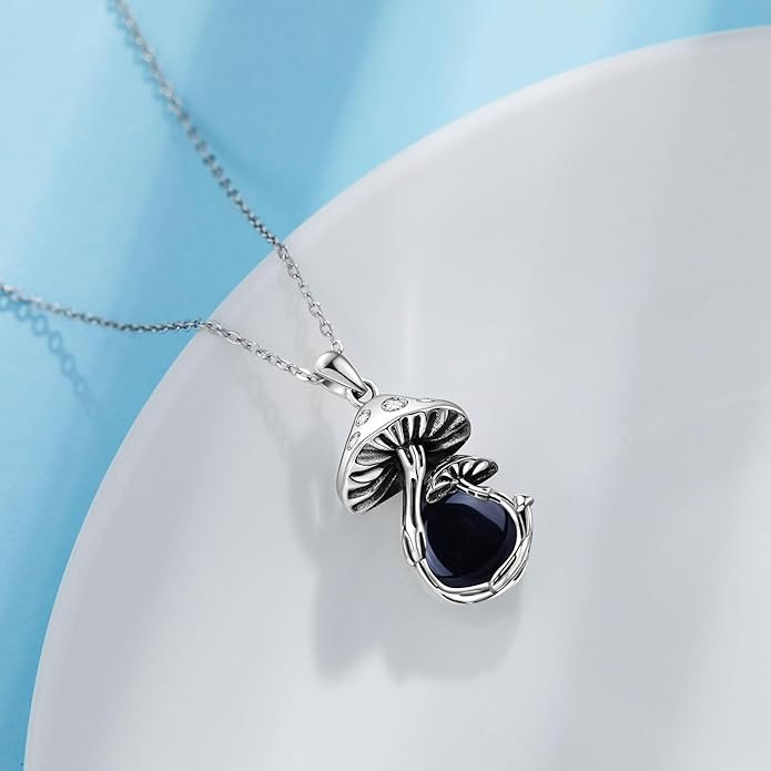 YAFEINI Mushroom Necklace Moonstone/Moss Agate/Malachite/Labradorite/Turquoise/Amber/Larimar/Black Onyx/Lapis Lazuli/Peridot/Opal Sterling Silver Mushroom Pendant Mother's Day Jewelry for Women Mom
