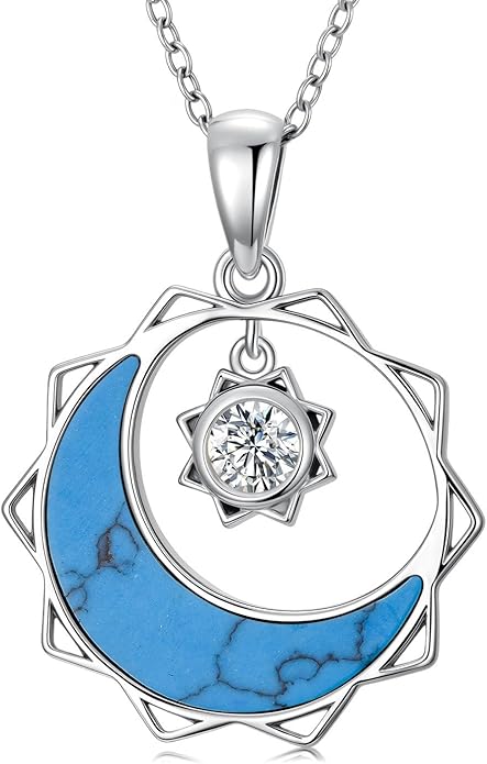 SELKAT 925 Sterling Silver Turquoise Moon Pendant Necklace for Women, Snake/Flower/Bow/Tree of Life/Star Moon Necklace, Dainty Jewelry for Daily Wear & Gifts