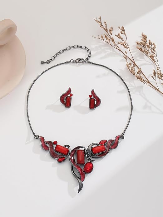 Chunky Statement Jewelry Set Vintage Retro Leaf Flower Floral Geometric Bohemian Boho Bib Necklace Earring Set Fashion Costume Jewelry for Women Girls Wedding Party Prom Unique Gift