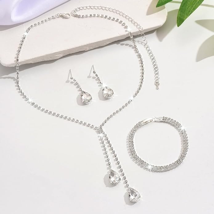MIFYNN Rhinestone Wedding Set for Women Sparkle Crystal Earrings Necklace Bracelet Jewelry Set Wedding Party Prom Jewelry Set for Brides Bridesmaid