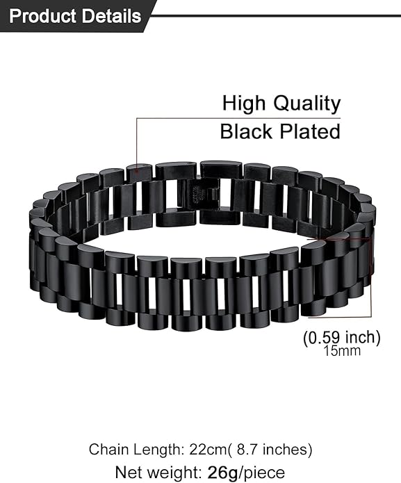 U7 Link Bracelets for Men, Cuban Link/Rope/Watch Band Solid Bracelet, Silver Black Gold Color Wrist Bracelet 3/6/9/12/15mm Width, 6.5/7.5/8.3 Inch Length, Hand Chain Jewelry for Mens Women