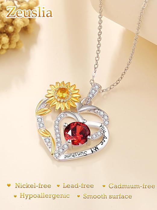 Zeuslia Double Birthstone Necklace Gifts for Wife - 925 Sterling Silver Sunflower/Rose/Crown Cross/Compass/Heart Pendant I Love You Necklace, Anniversary Birthday Gifts for Wife Girlfriend Mom Her