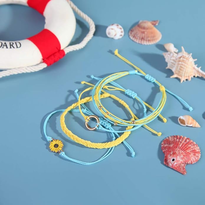 FANCY SHINY Sunflower String Bracelet Boho Braided Rope Wrap Bracelets Cute Summer Beach Surfer Jewelry for Women