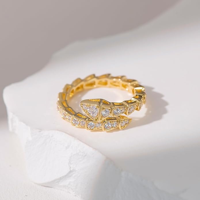 Aura & lrena Adjustable Snake Rings for Wome, 18K Gold or Platinum Plating Open-Ended Ring with AAA Cubic Zirconia Fashion Jewelry, Statement Gift Design Rings for Men and Women Non Tarnish