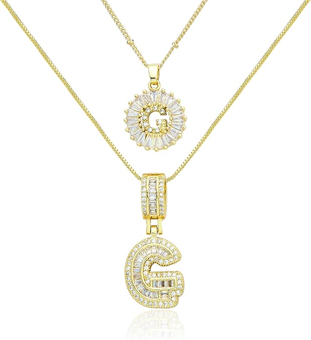 14K Gold Plated Initial Letter Pendant Necklace, Cubic Zirconia Crystal, Copper Chain