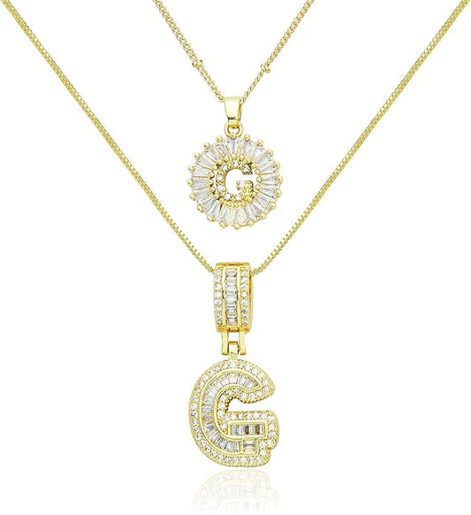 14K Gold Plated Initial Letter Pendant Necklace, Cubic Zirconia Crystal, Copper Chain