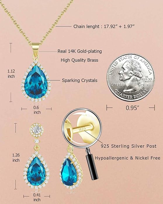 REASAYLL Jewelry Sets For Women 925 Sterling Silver Post Teardrop Dangle Stud Earrings Necklace Set Crystal Rhinestone Wedding Prom Costume Jewelry for Women