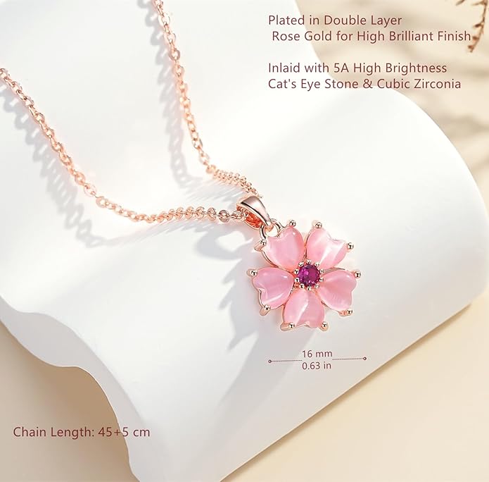VONSSY Elegant Cherry Blossom Necklace Earrings Pink Cats Eye Flower Flora Sakura Gemstone Crystal Pendant 18k Gold Plated Chain Jewelry Set Gift for Woman Wife Girlfriend