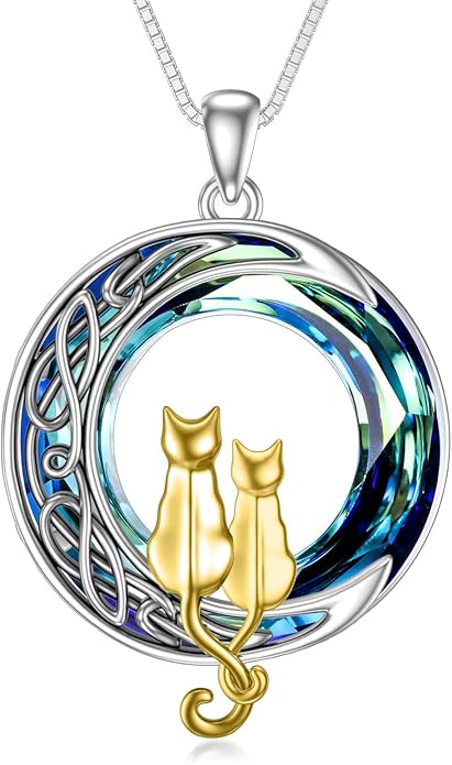 TOUPOP Christmas Cat Gifts for Cats Lovers One Two Three Four Cats Necklace Sterling Silver Cats on the Moon Pendant Necklace with Blue Circle Crystal Birthday Christmas Celtic Jewelry Gifts for Women