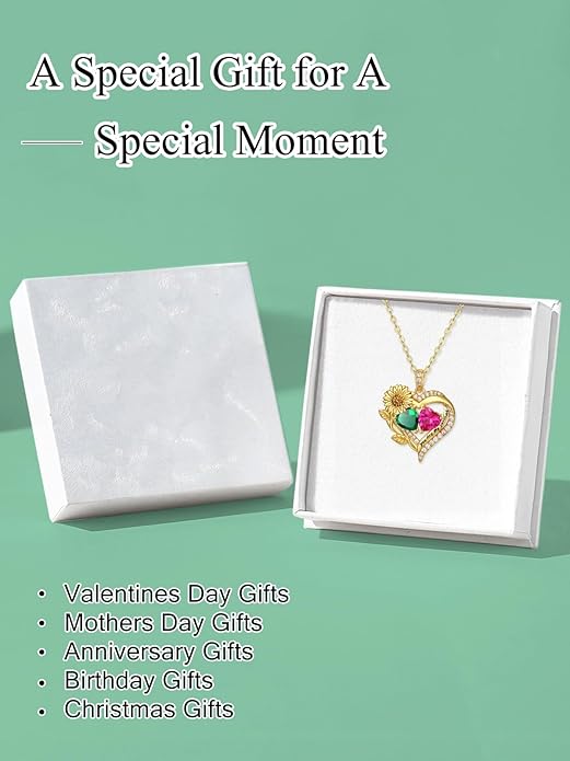 Sunflower Heart Necklace for Women 14K Gold Exquisite Anniversary Birthday Gifts for Wife Mother Her Double Birthstone Pendant jewelry‘You Are My Sunshine’