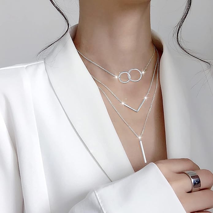 S925 Sterling Silver Layered Necklaces Multi 3 Layer Circle Bar Boho Long Triple Choker Pendant Necklace Jewerly Gift for Women