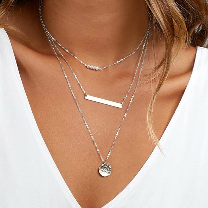Turandoss Dainty Layered Choker Necklace, Handmade Y Pendant Necklace Multilayer Bar Disc Necklace Adjustable Layering Choker Necklaces for Women