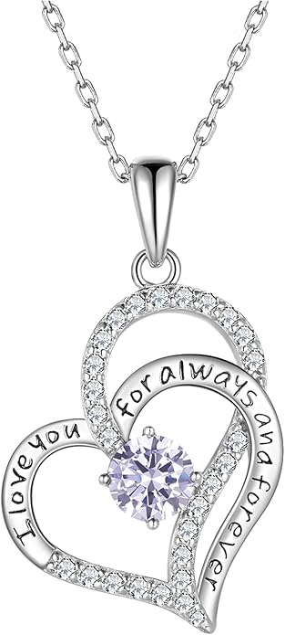 Heart Birthstone Silver Necklace for Women, S925 Sterling Silver Pendant Necklace Birthday Jewelry Gifts for Her Mother Mom Wife Girlfriend