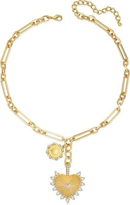 Chunky Gold Necklace for Women, 18K Waterproof Heart Necklace Statement Necklace Gold Charm Necklace Chunky Jewelry Paperclip Chain Choker Gift for Women